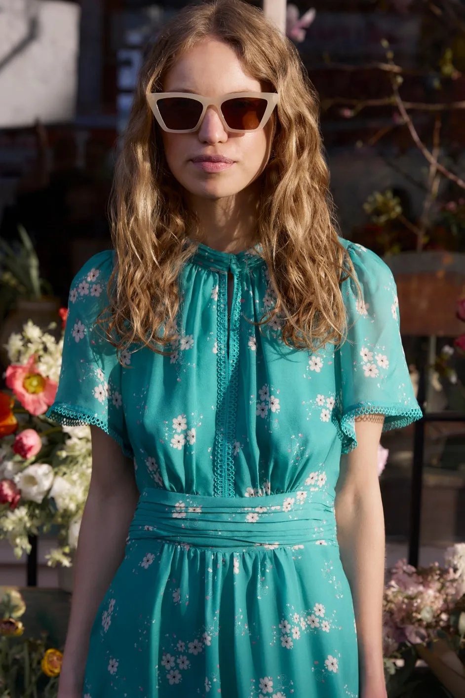 Arabella Silk Dress - Lagoon Green Trailing Floral