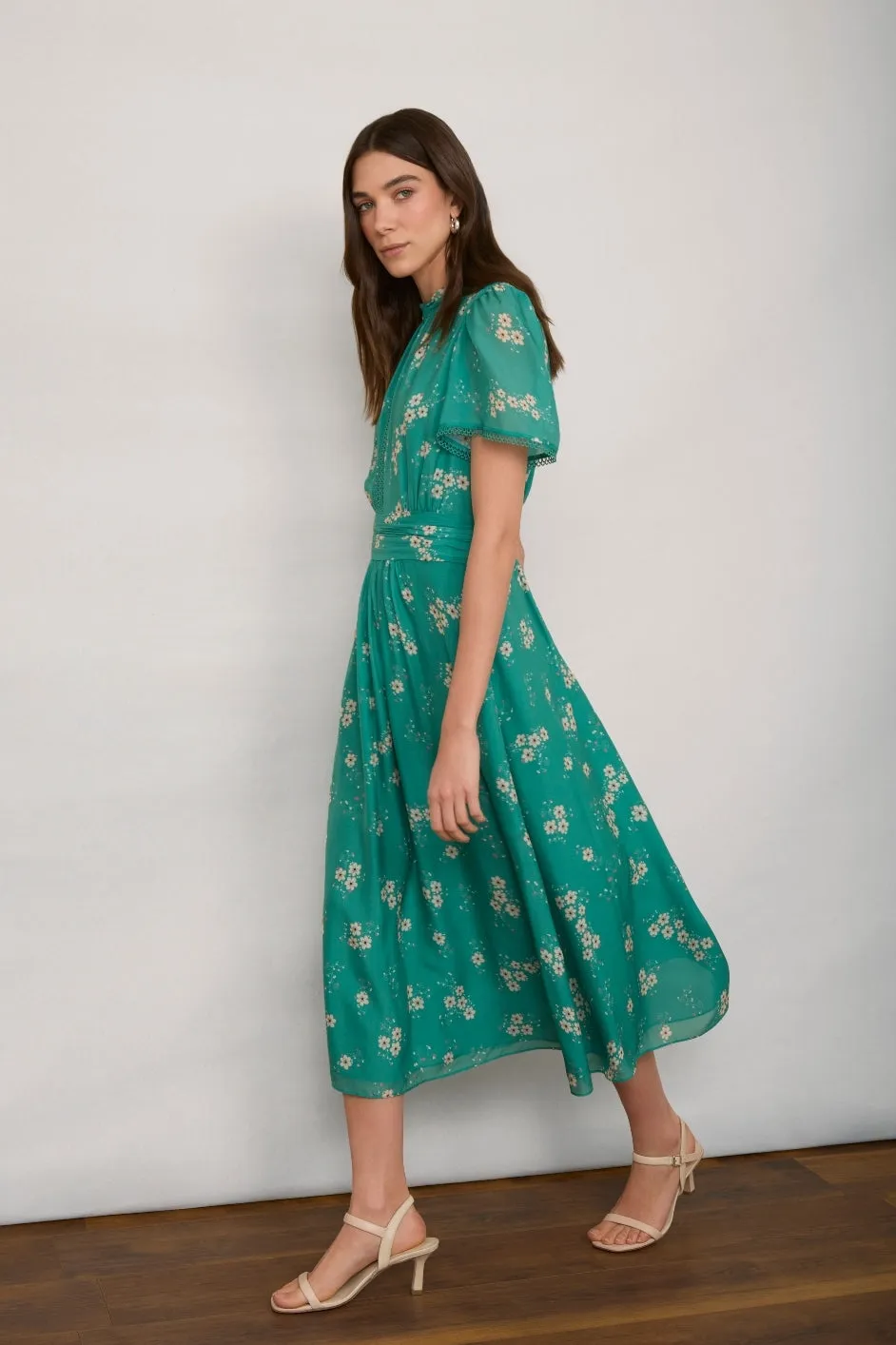 Arabella Silk Dress - Lagoon Green Trailing Floral