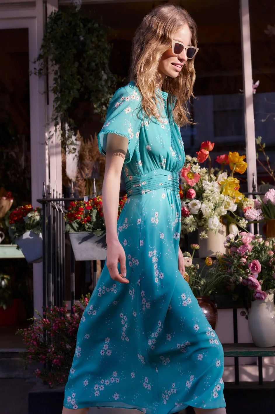 Arabella Silk Dress - Lagoon Green Trailing Floral