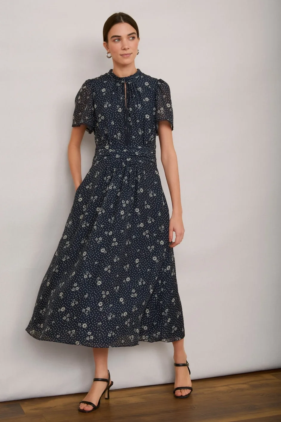 Arabella Silk Dress - Navy Ditsy Floral