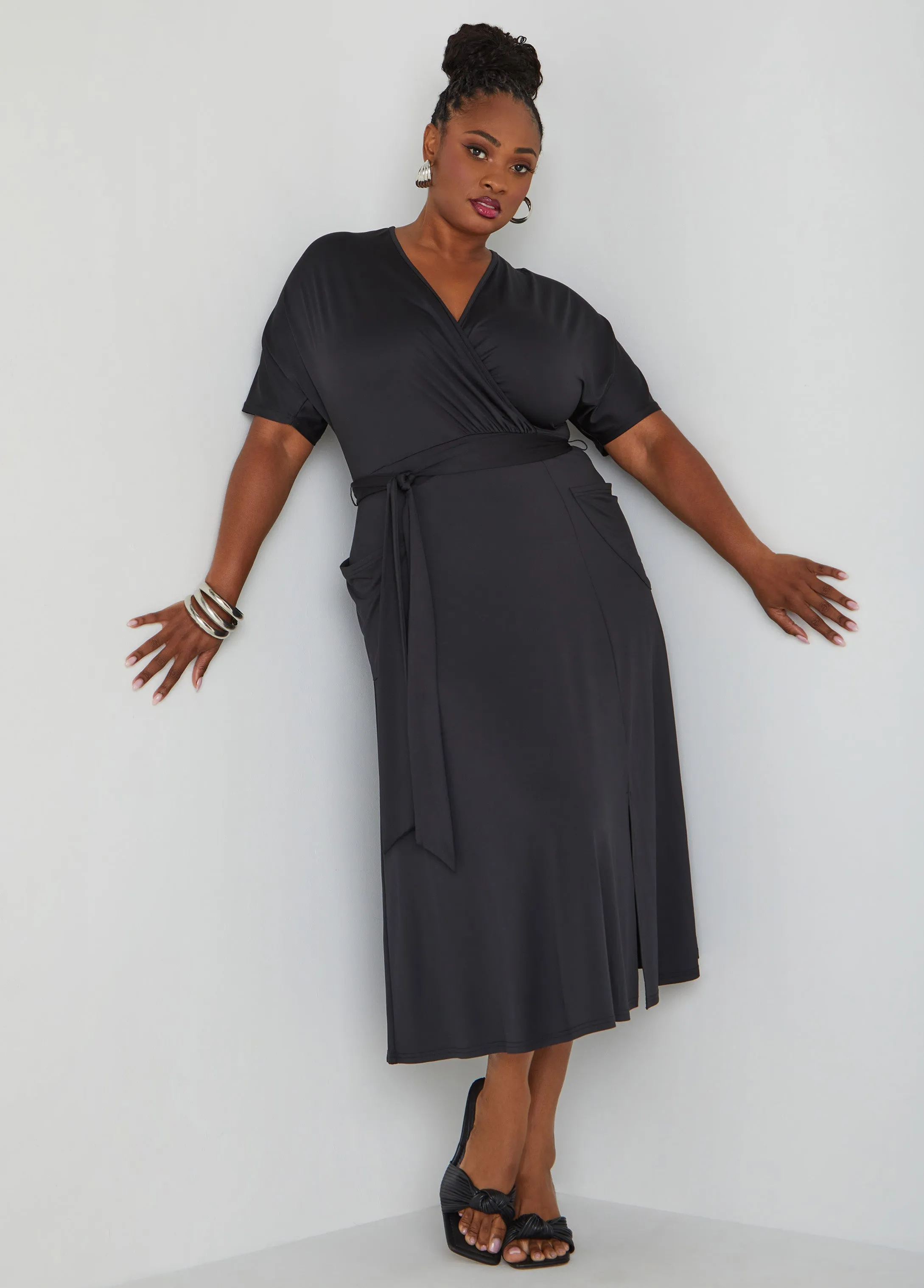 Belted Faux Wrap Midi Dress