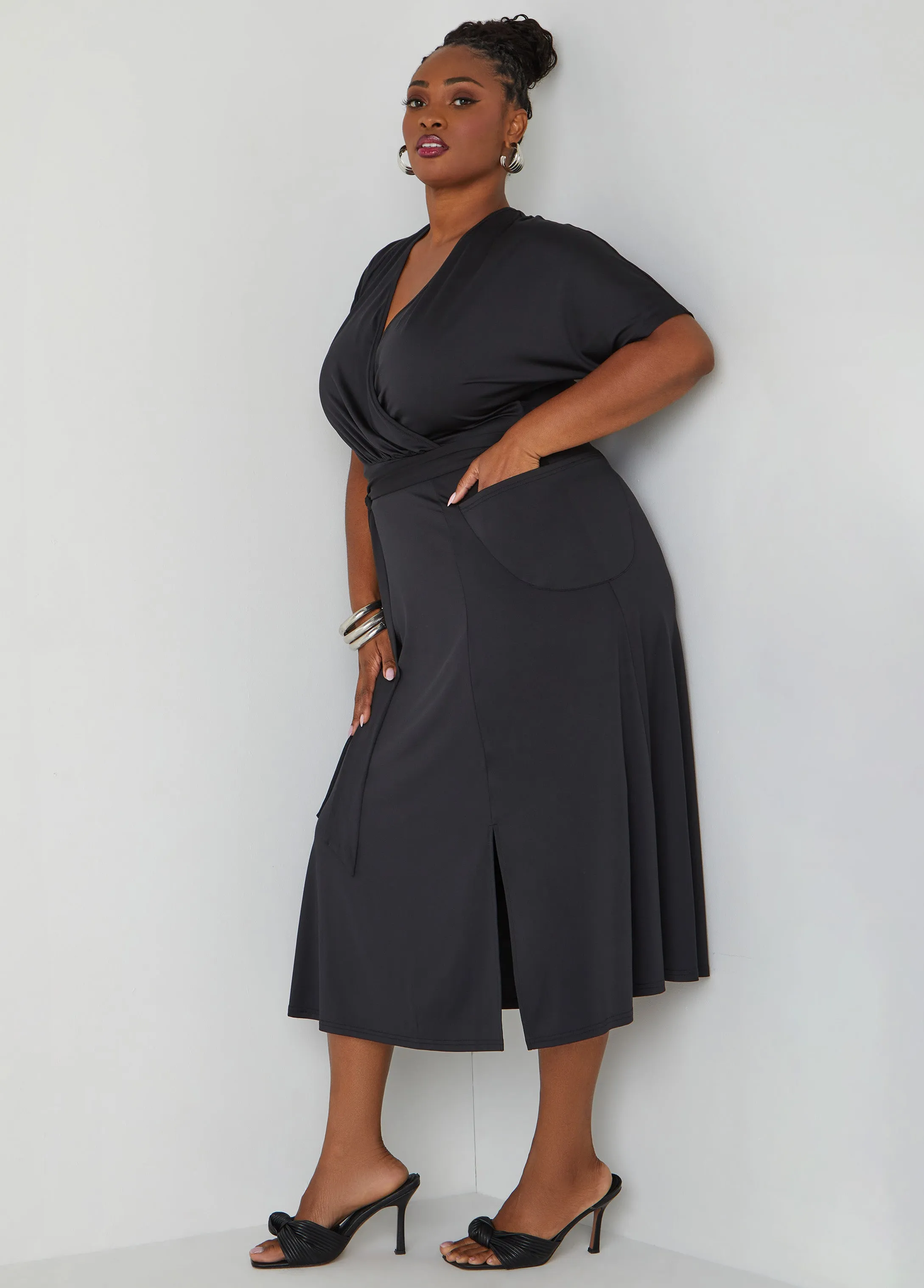 Belted Faux Wrap Midi Dress