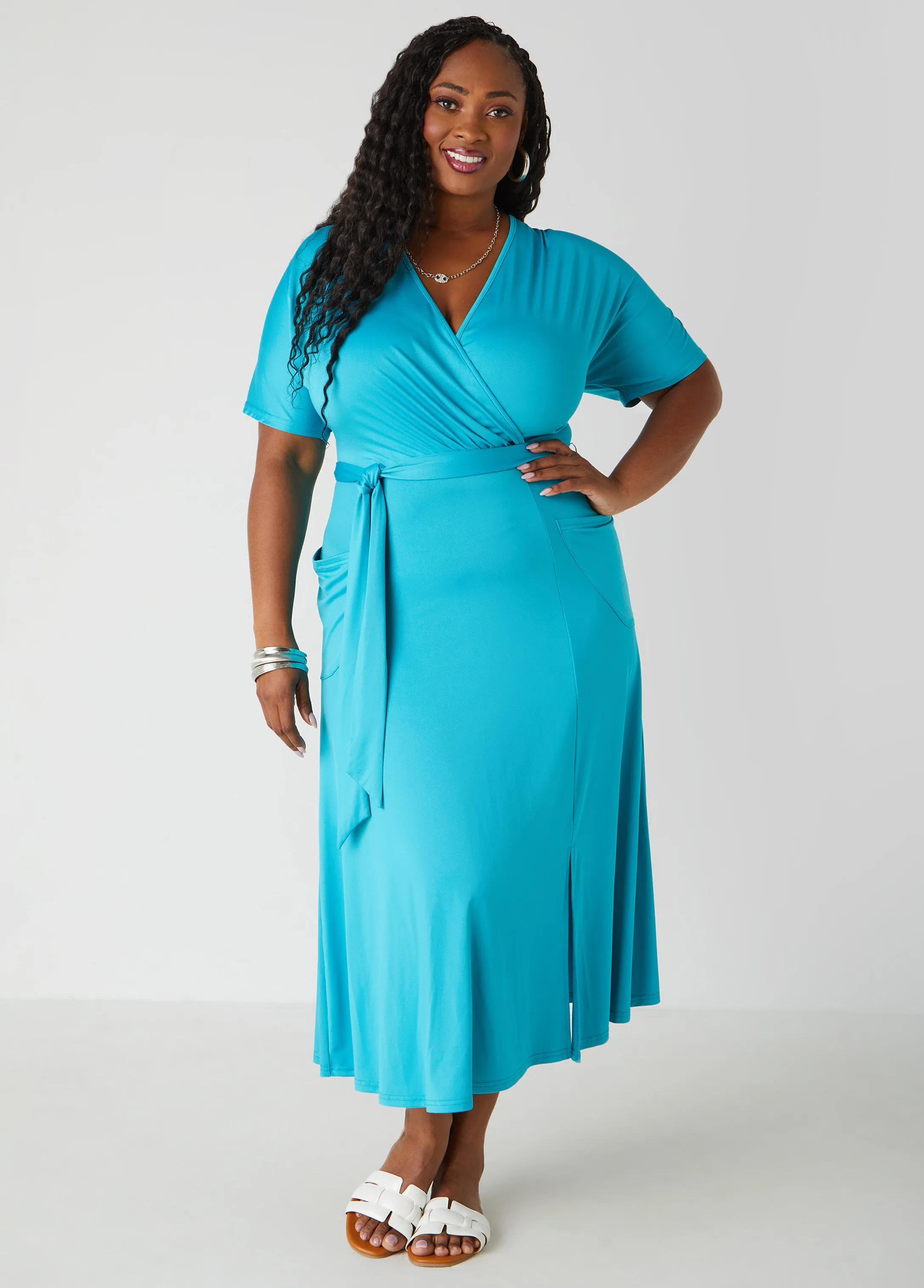 Belted Faux Wrap Midi Dress