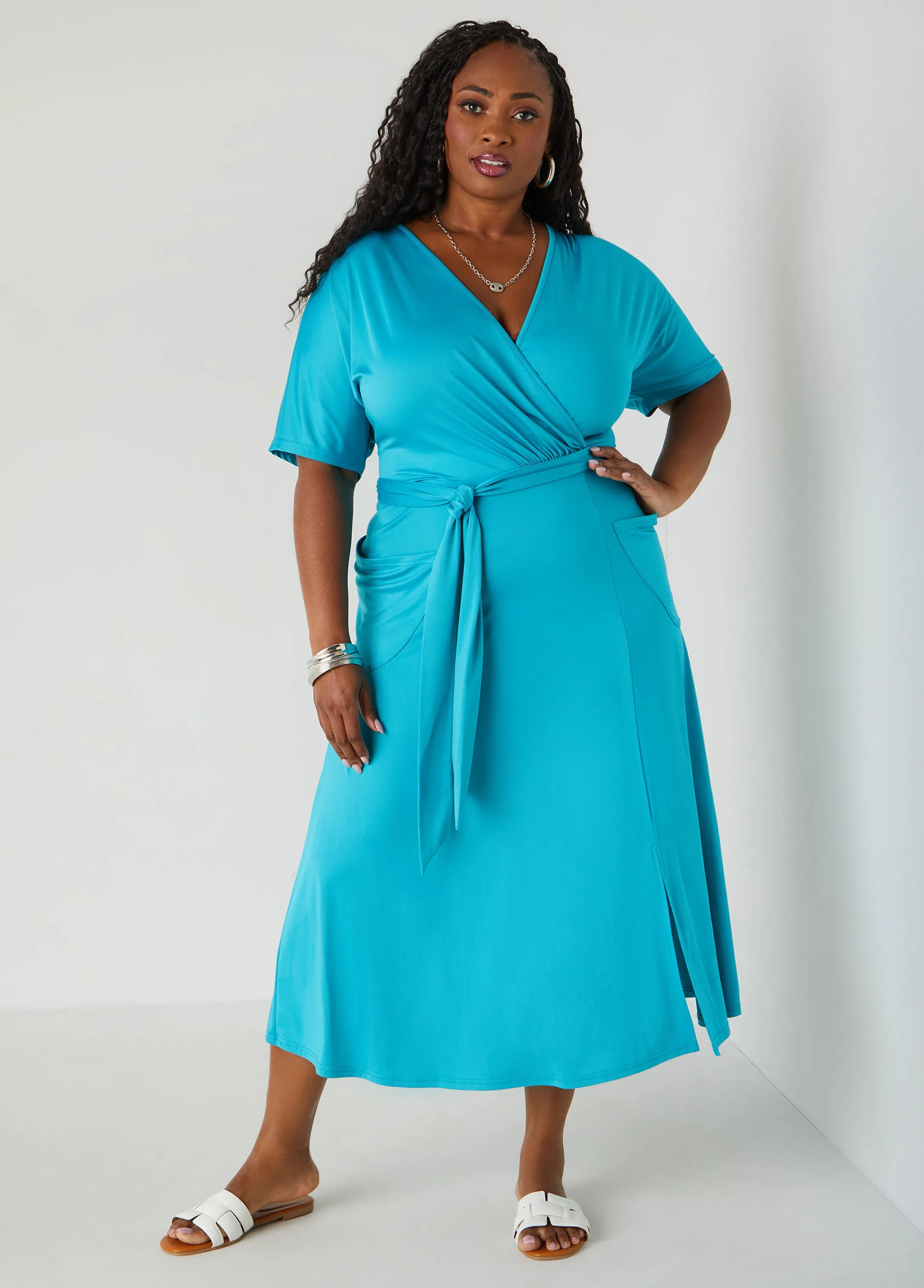 Belted Faux Wrap Midi Dress