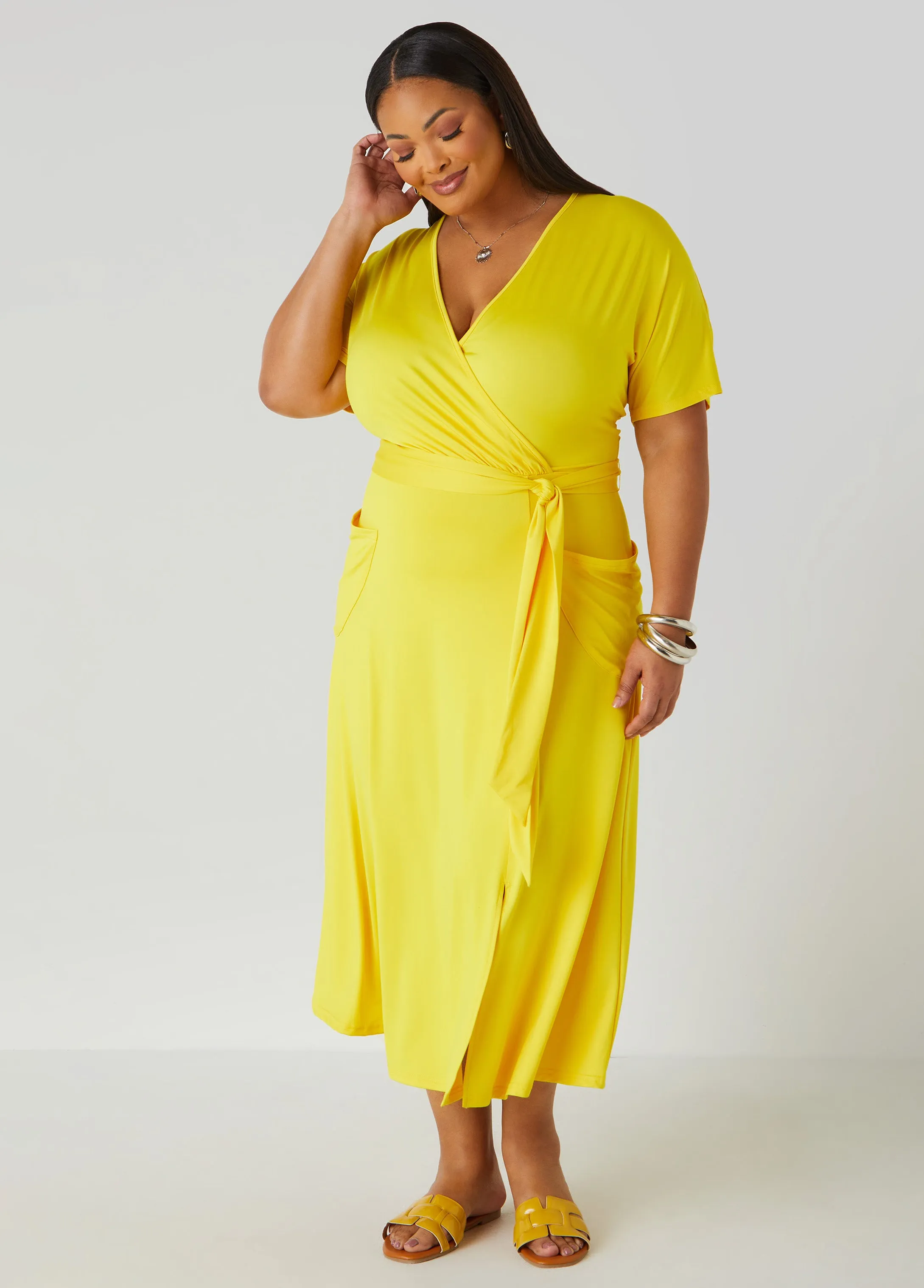 Belted Faux Wrap Midi Dress