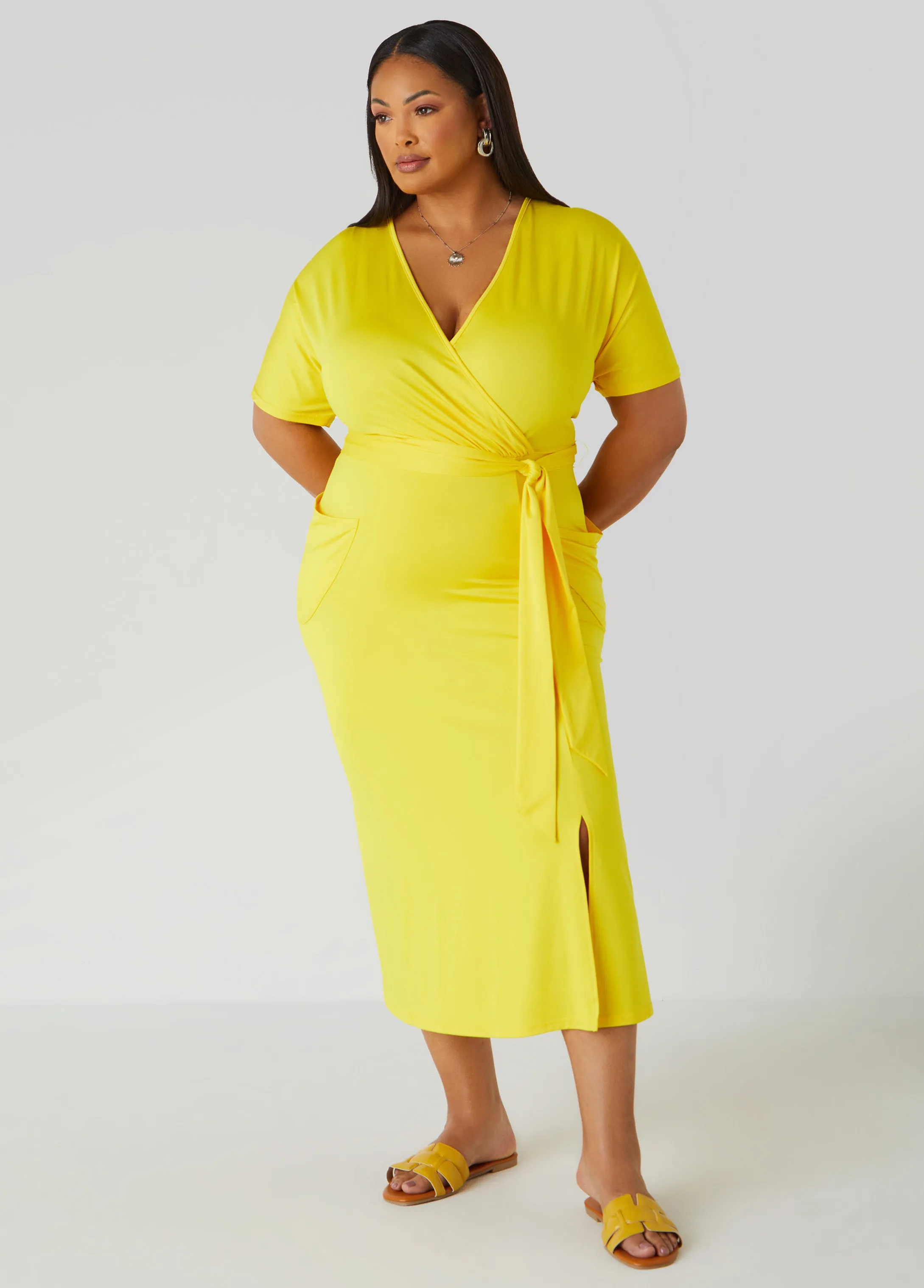 Belted Faux Wrap Midi Dress