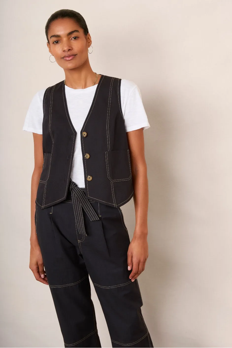 Cara Cotton Top Stitch Waistcoat - Washed Black