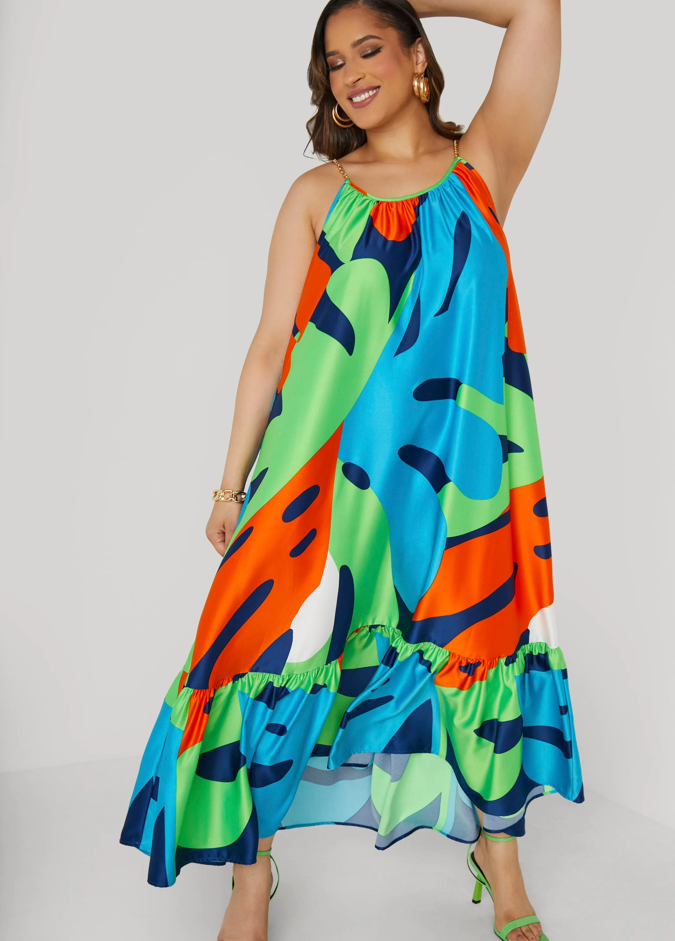 Chain Trimmed Abstract Maxi Dress