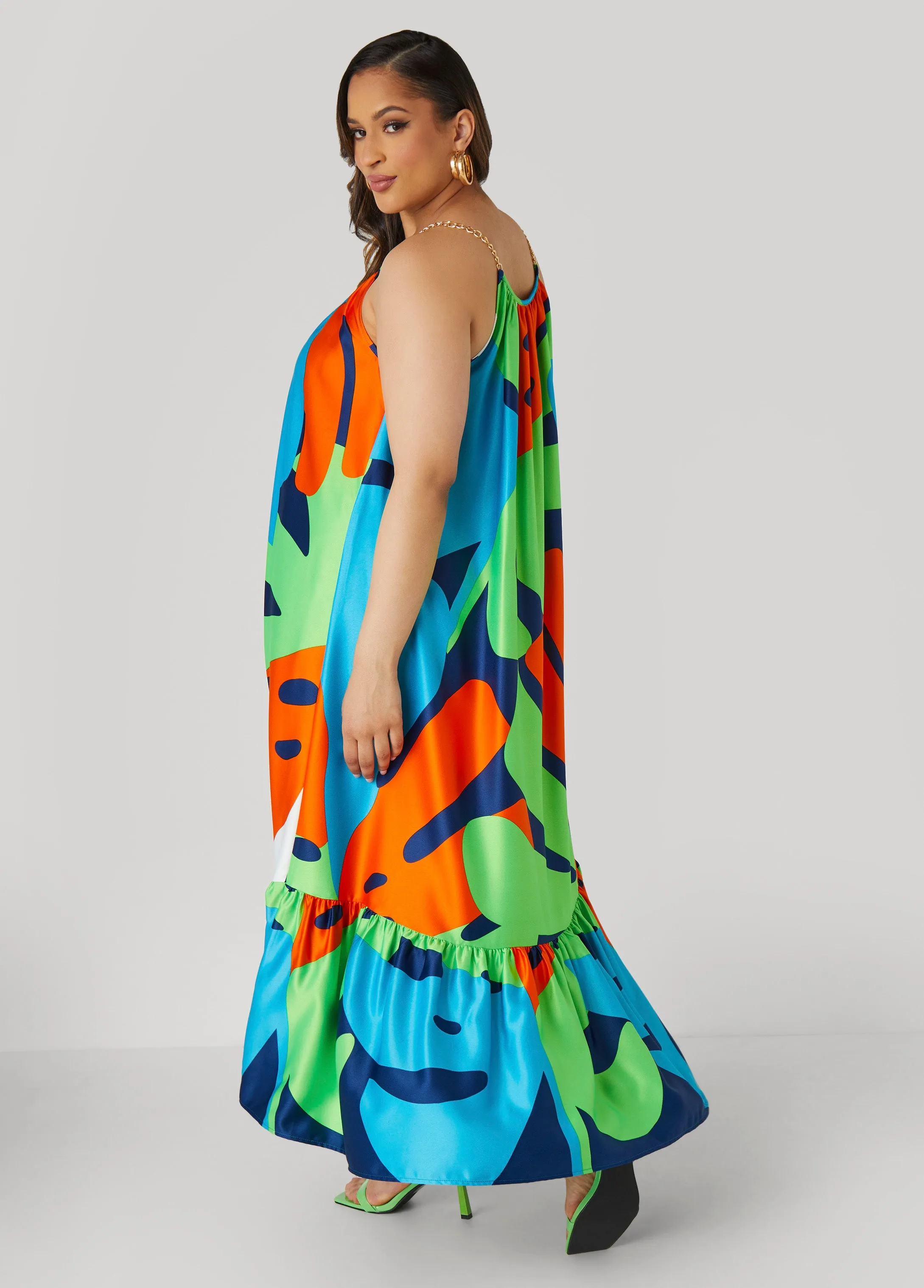Chain Trimmed Abstract Maxi Dress