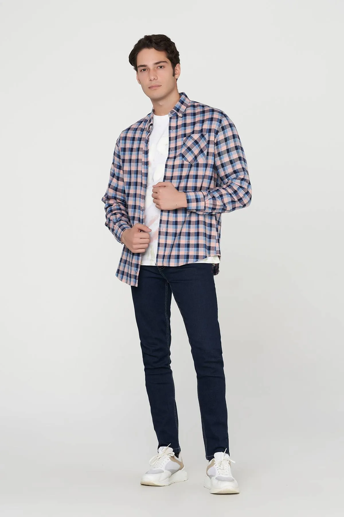 Check Button Down Shirt For Men - Dark Pink