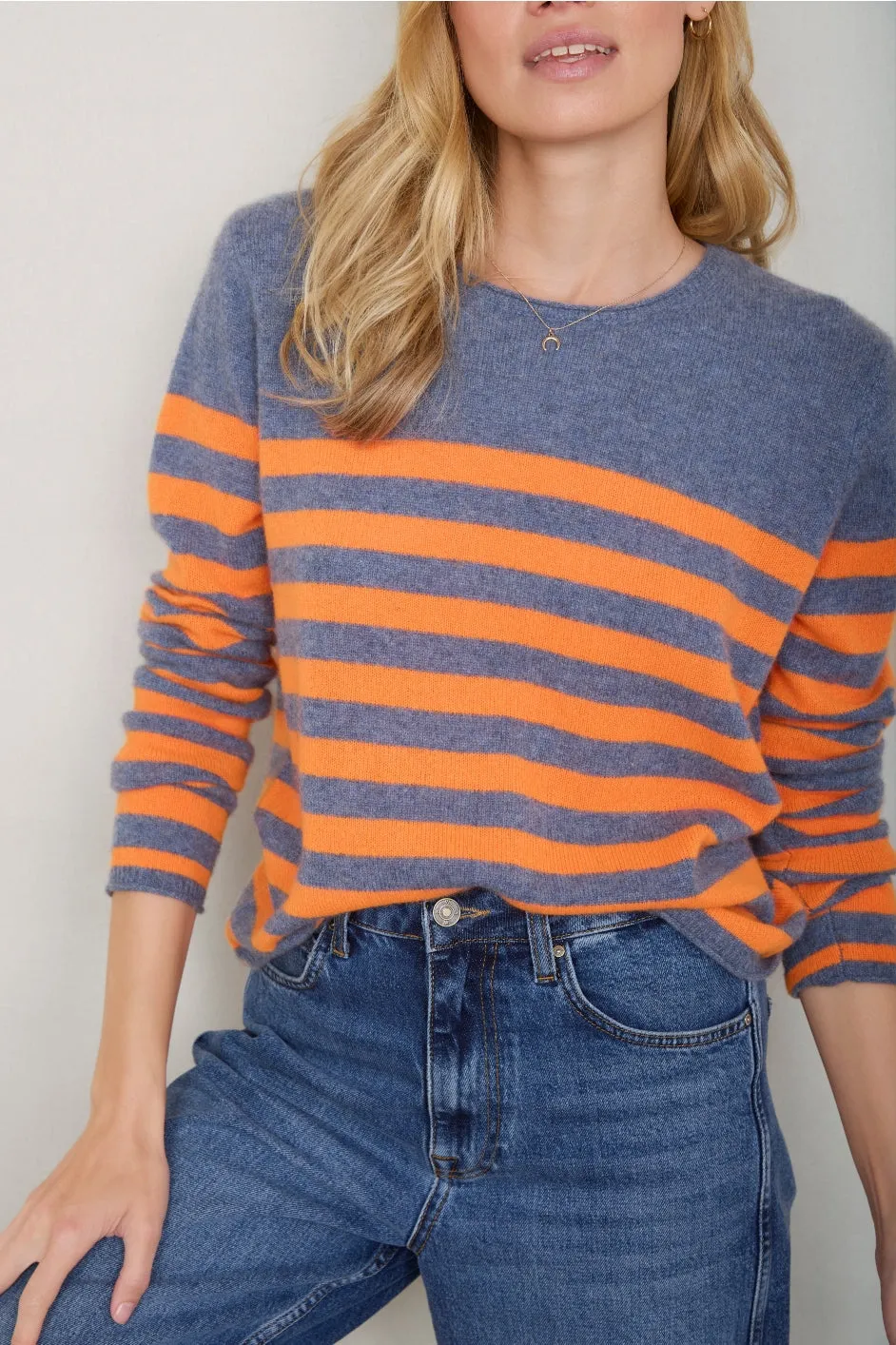 Chrissie Cashmere Jumper - Denim Blue/Orange Stripe