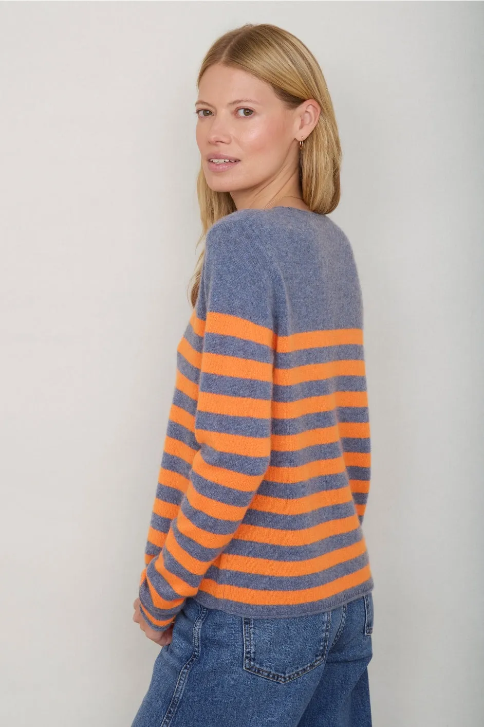 Chrissie Cashmere Jumper - Denim Blue/Orange Stripe