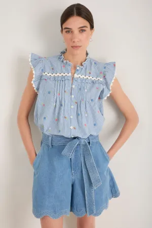 Daisy Frill Top - Blue Stripe Embroidered
