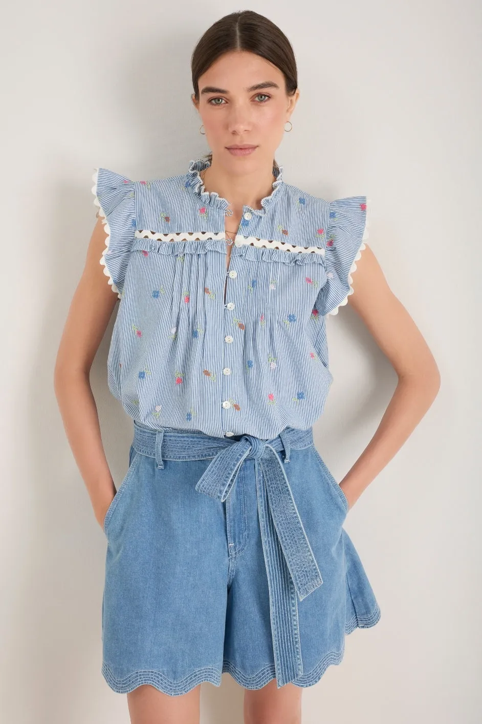 Daisy Frill Top - Blue Stripe Embroidered