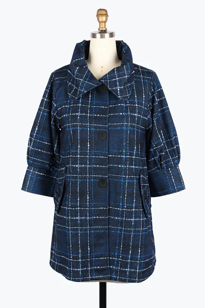Damee Plaid Long Swing Jacket 5009-Blu F25