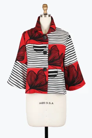 Damee Stripes & Pen Art Cropped Jacket 5007-Blu, Red F25