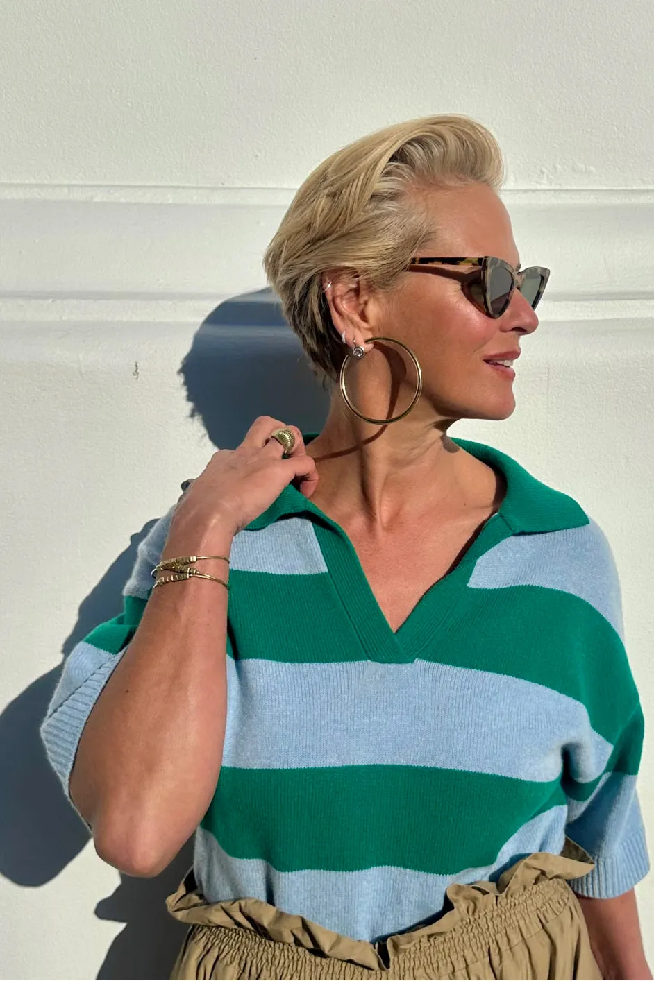 DB X Wyse Stripe Polo Jumper - Jade Green/French Blue