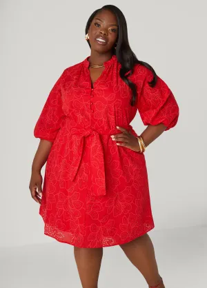 Eyelet Cotton Puff Sleeved Dress