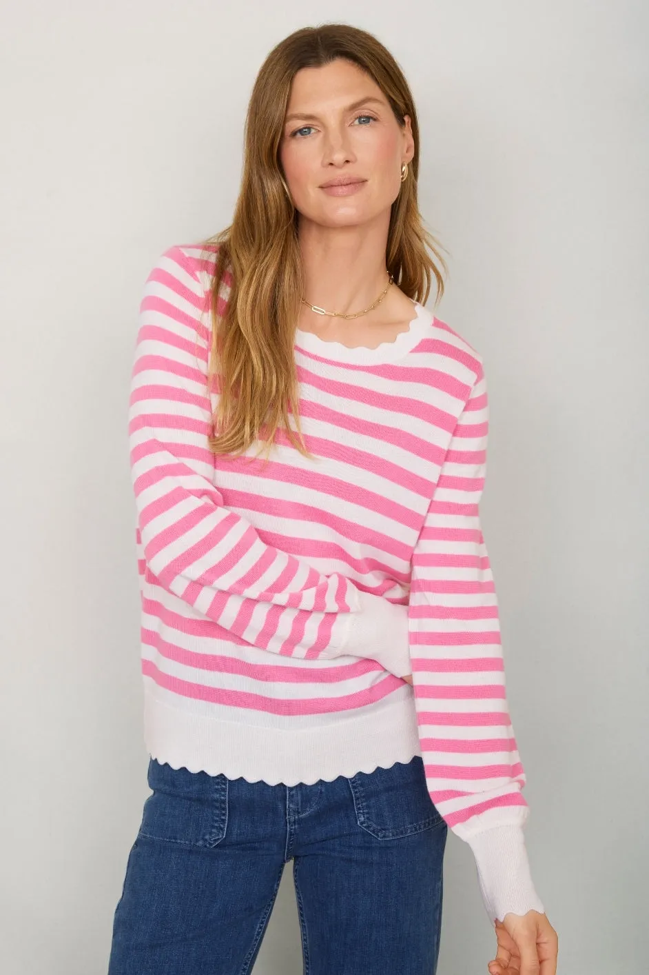 Fleurine Scallop Jumper - Candy Pink /Ivory Stripe