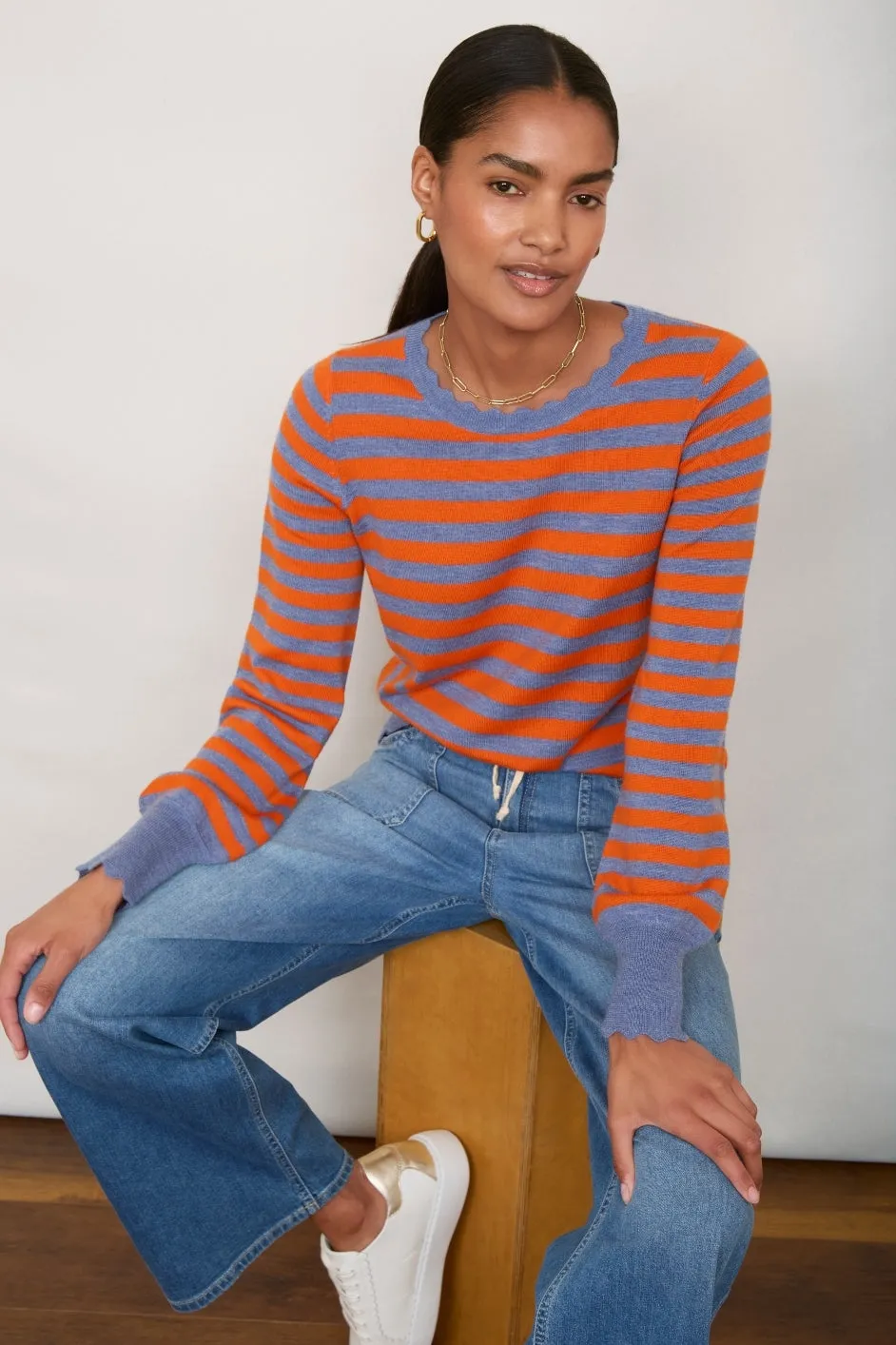 Fleurine Scallop Jumper - Denim Blue/Orange Stripe