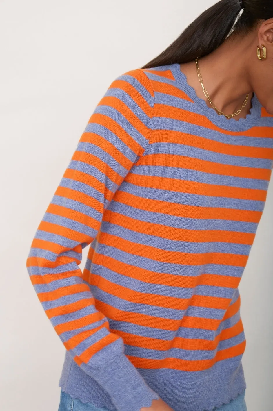 Fleurine Scallop Jumper - Denim Blue/Orange Stripe