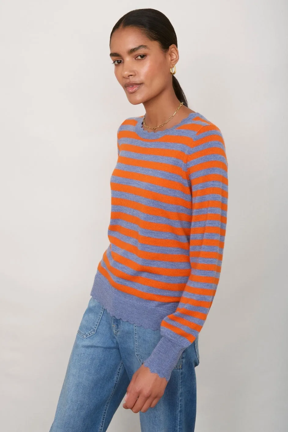 Fleurine Scallop Jumper - Denim Blue/Orange Stripe
