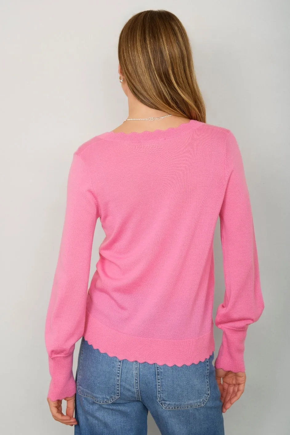 Fleurine Scallop V-Neck Jumper - Candy Pink