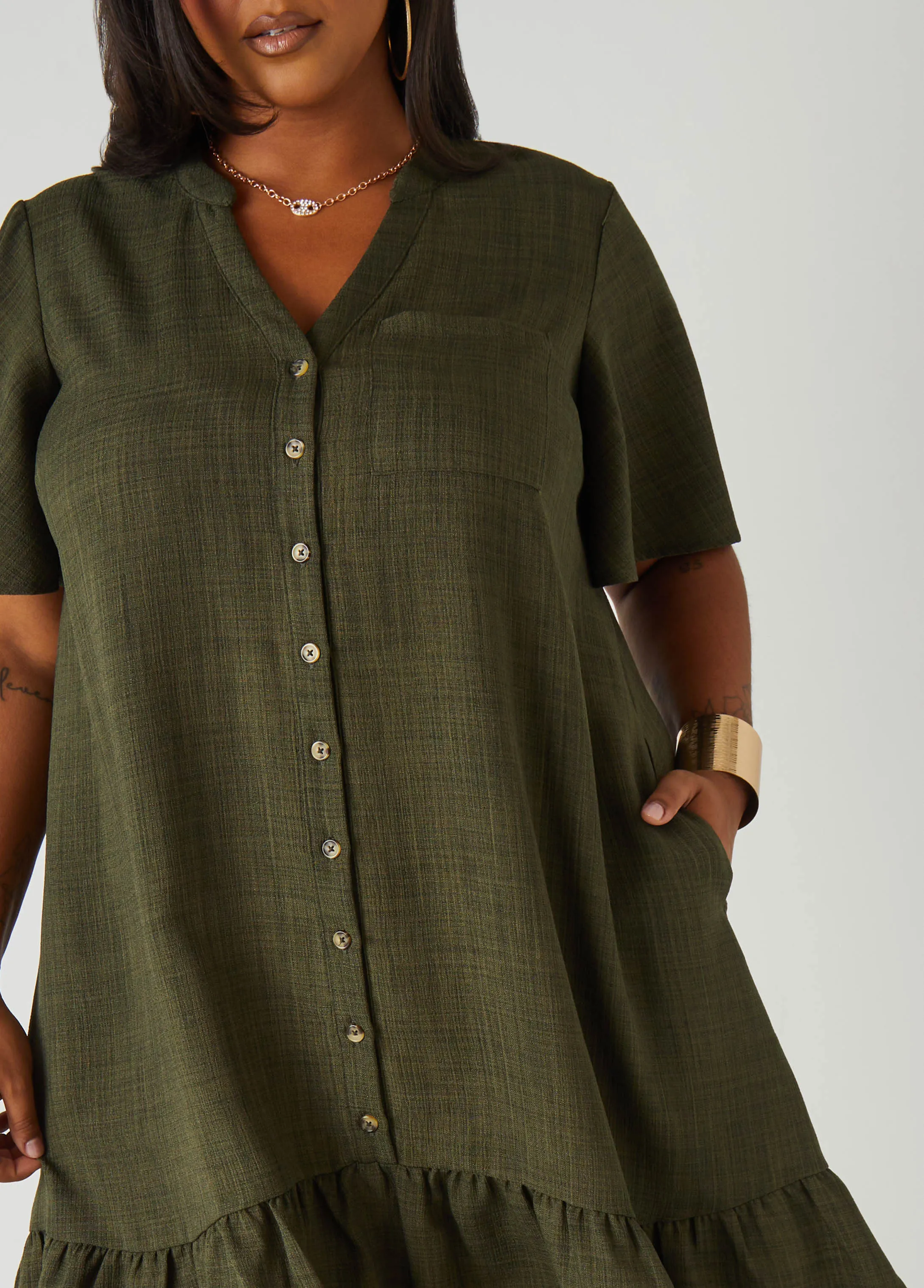 Flounced Slub Woven Shirtdress