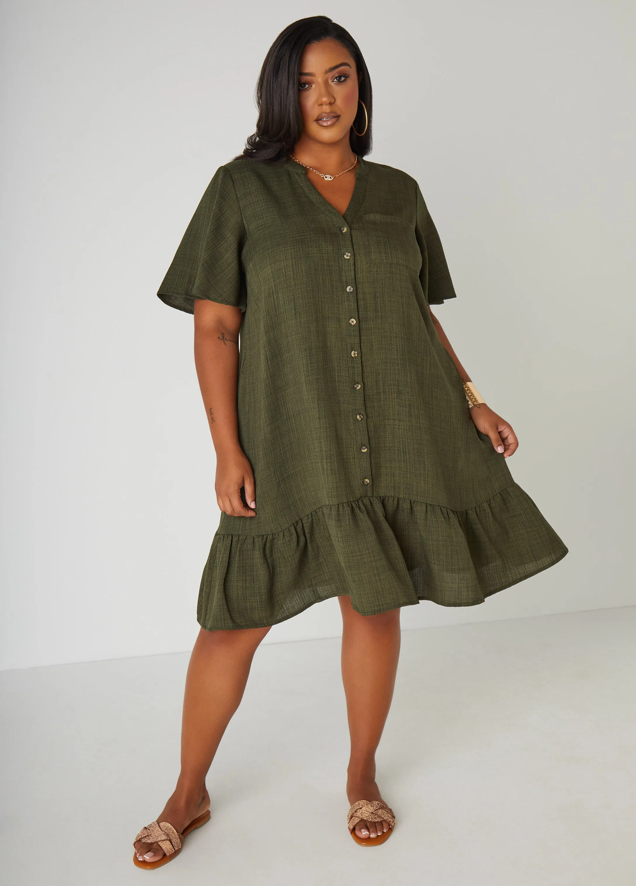 Flounced Slub Woven Shirtdress