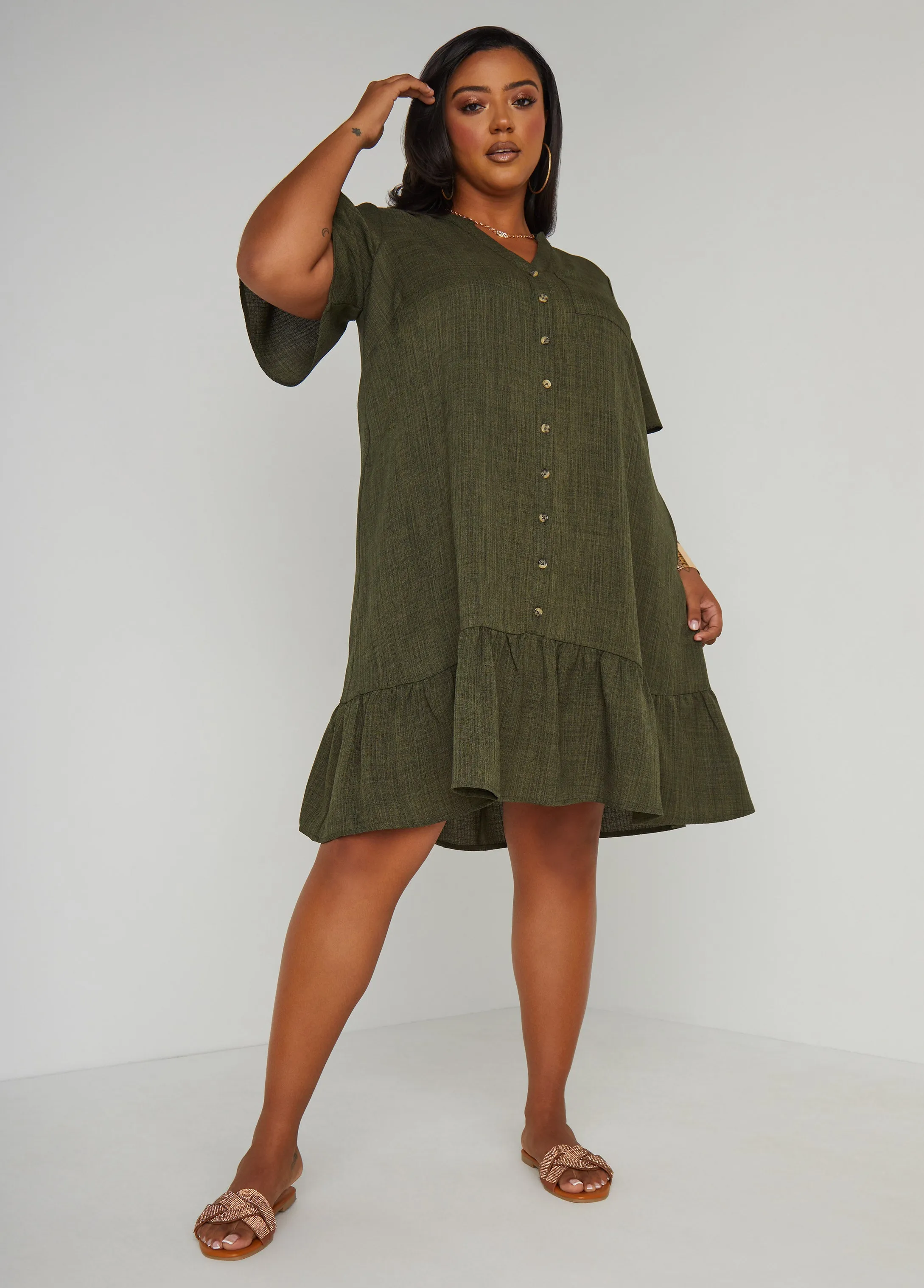 Flounced Slub Woven Shirtdress