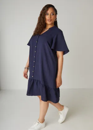 Flounced Slub Woven Shirtdress