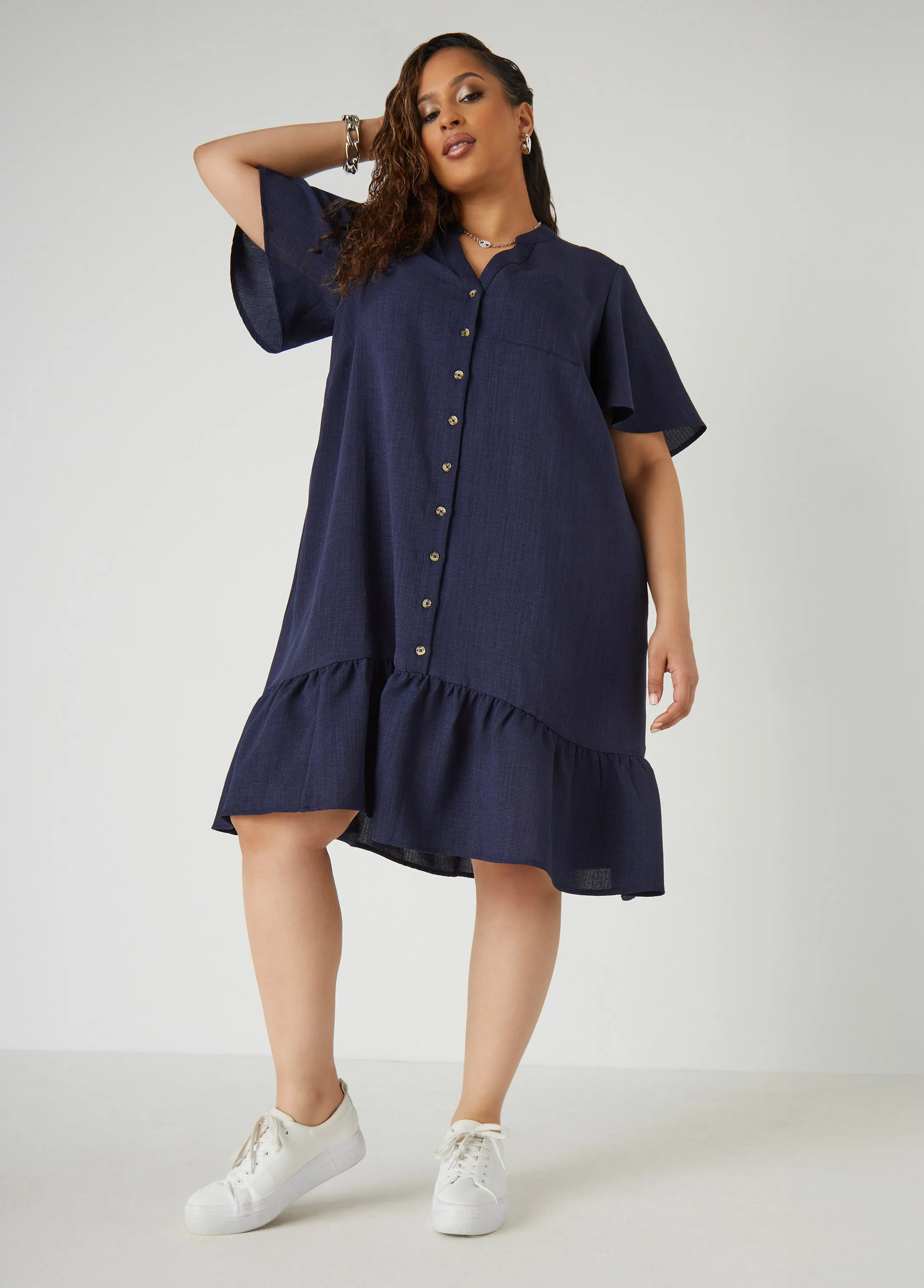 Flounced Slub Woven Shirtdress