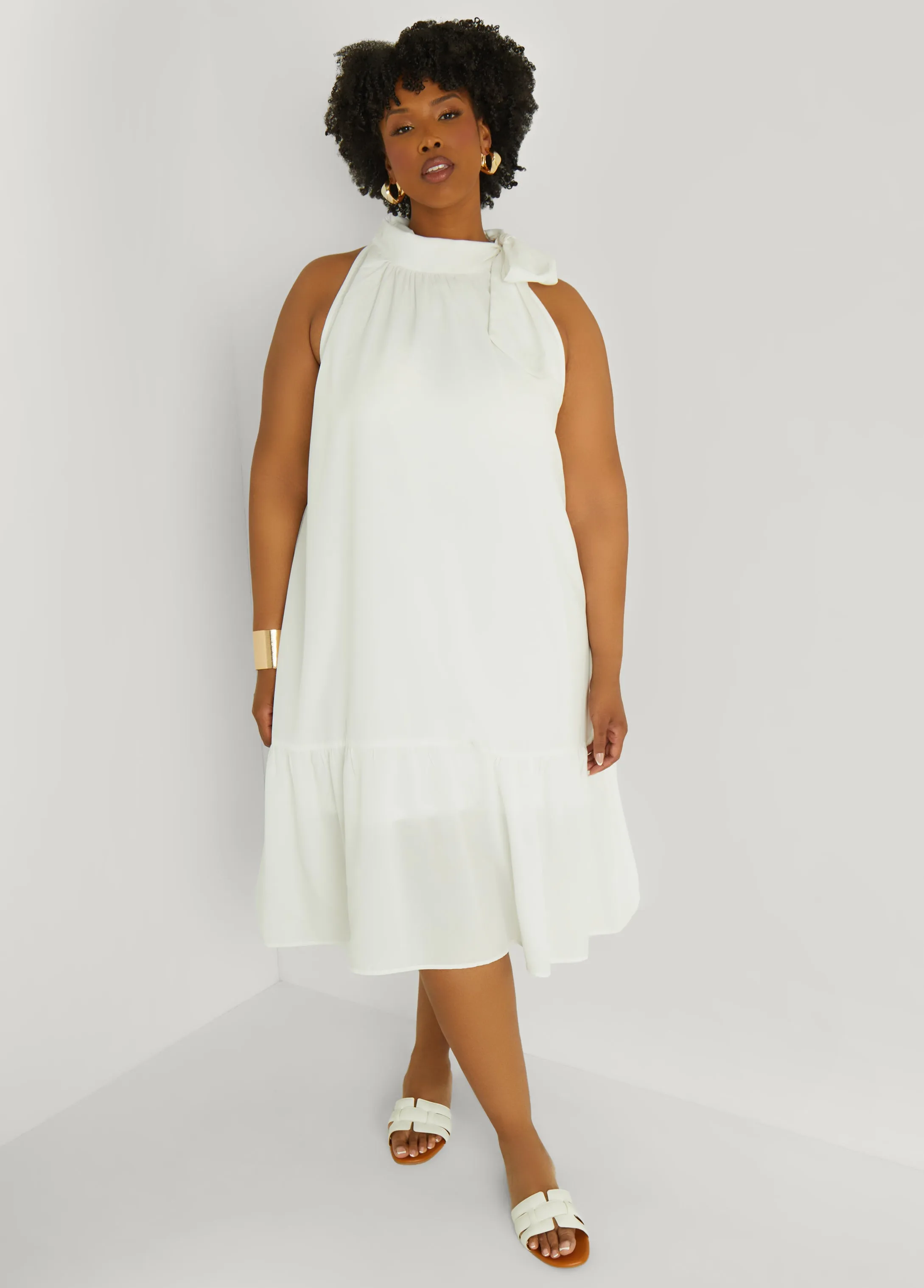 Flounced Tie Neck Midi Dress