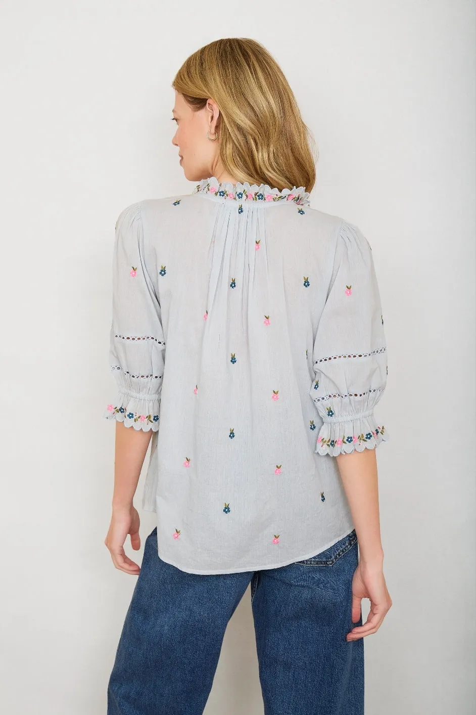 Francine Blouse - Blue Embroidered Floral