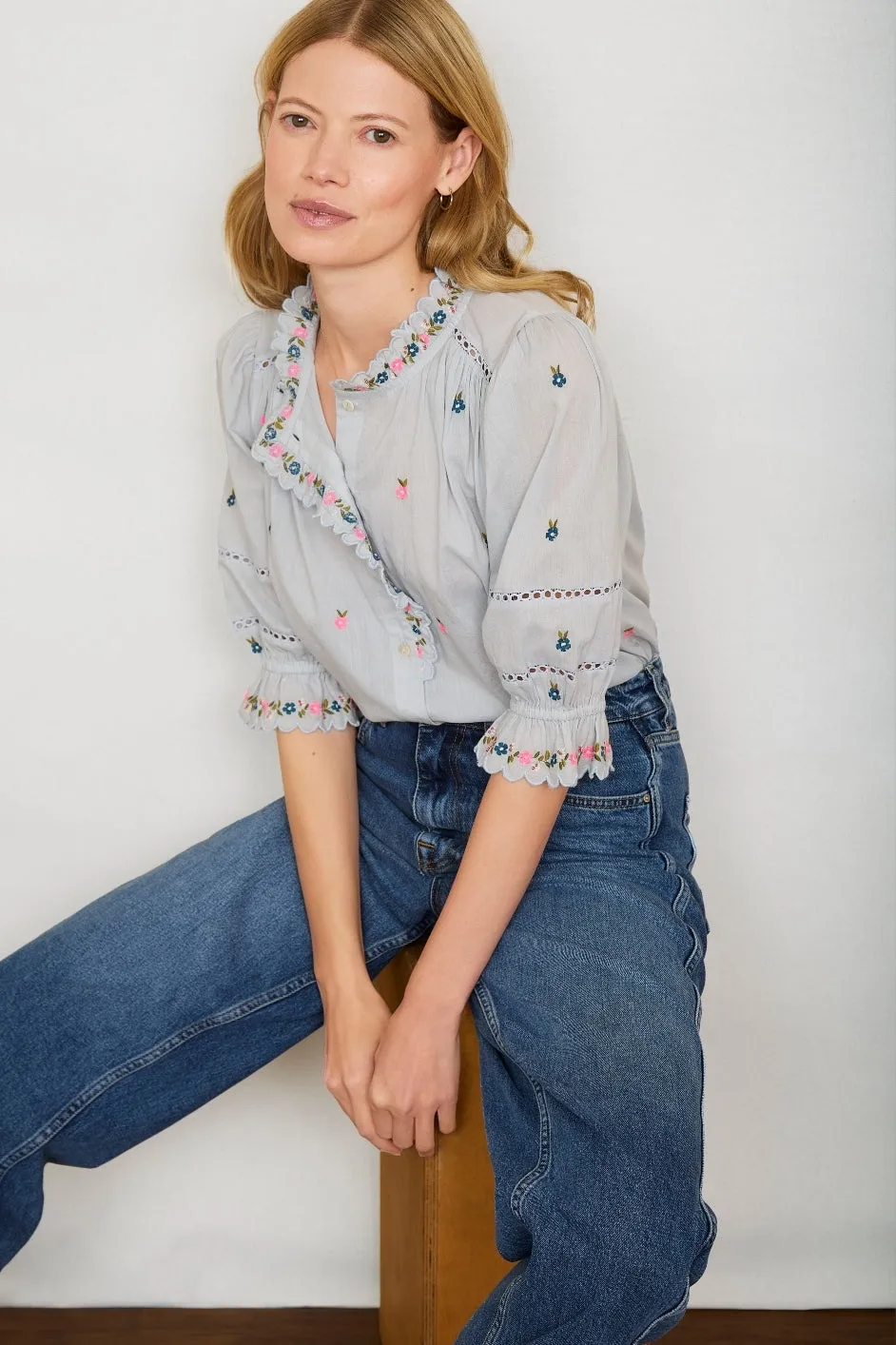 Francine Blouse - Blue Embroidered Floral