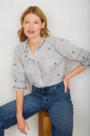 Francine Blouse - Blue Embroidered Floral
