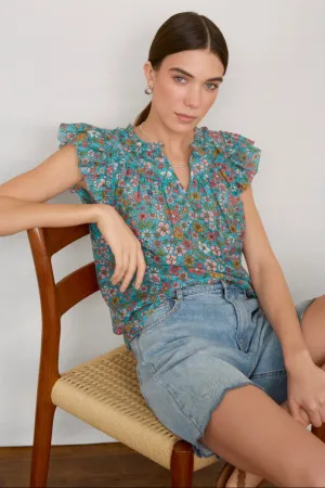 Georgia Silk Blend Blouse - Teal Retro Floral