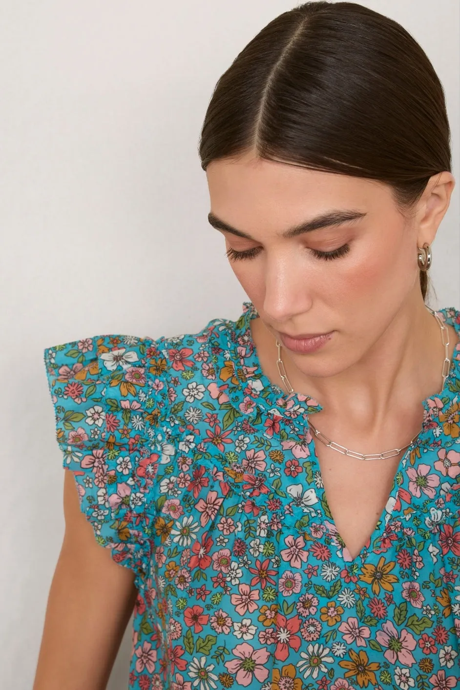 Georgia Silk Blend Blouse - Teal Retro Floral