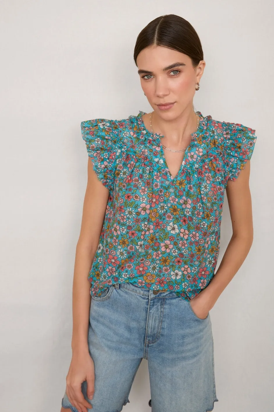 Georgia Silk Blend Blouse - Teal Retro Floral