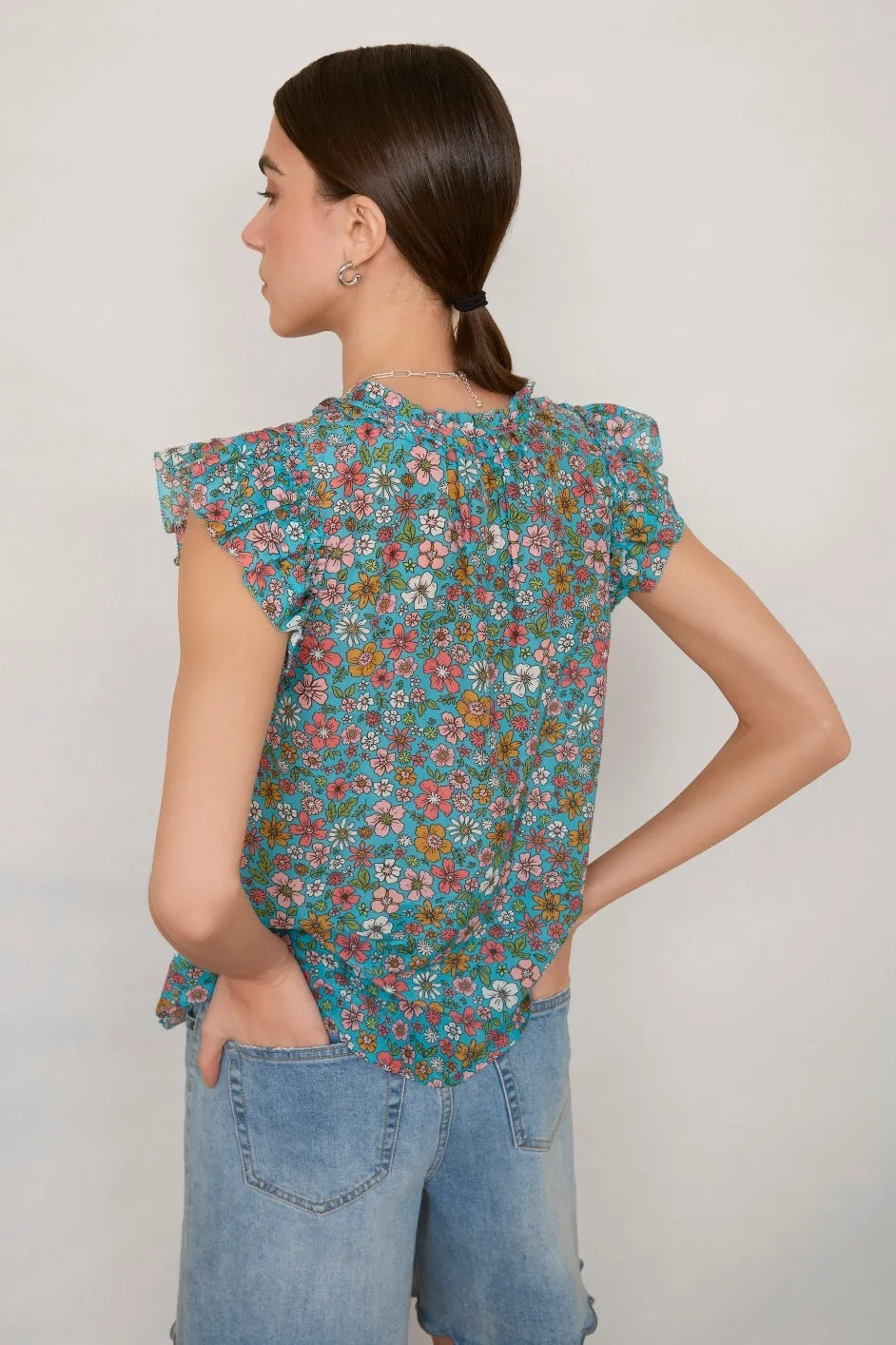 Georgia Silk Blend Blouse - Teal Retro Floral