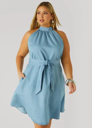 High Collar Chambray Swing Dress
