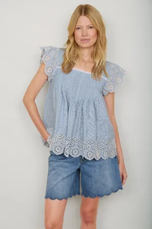 Laurel Broderie Top - Blue/Ivory Stripe