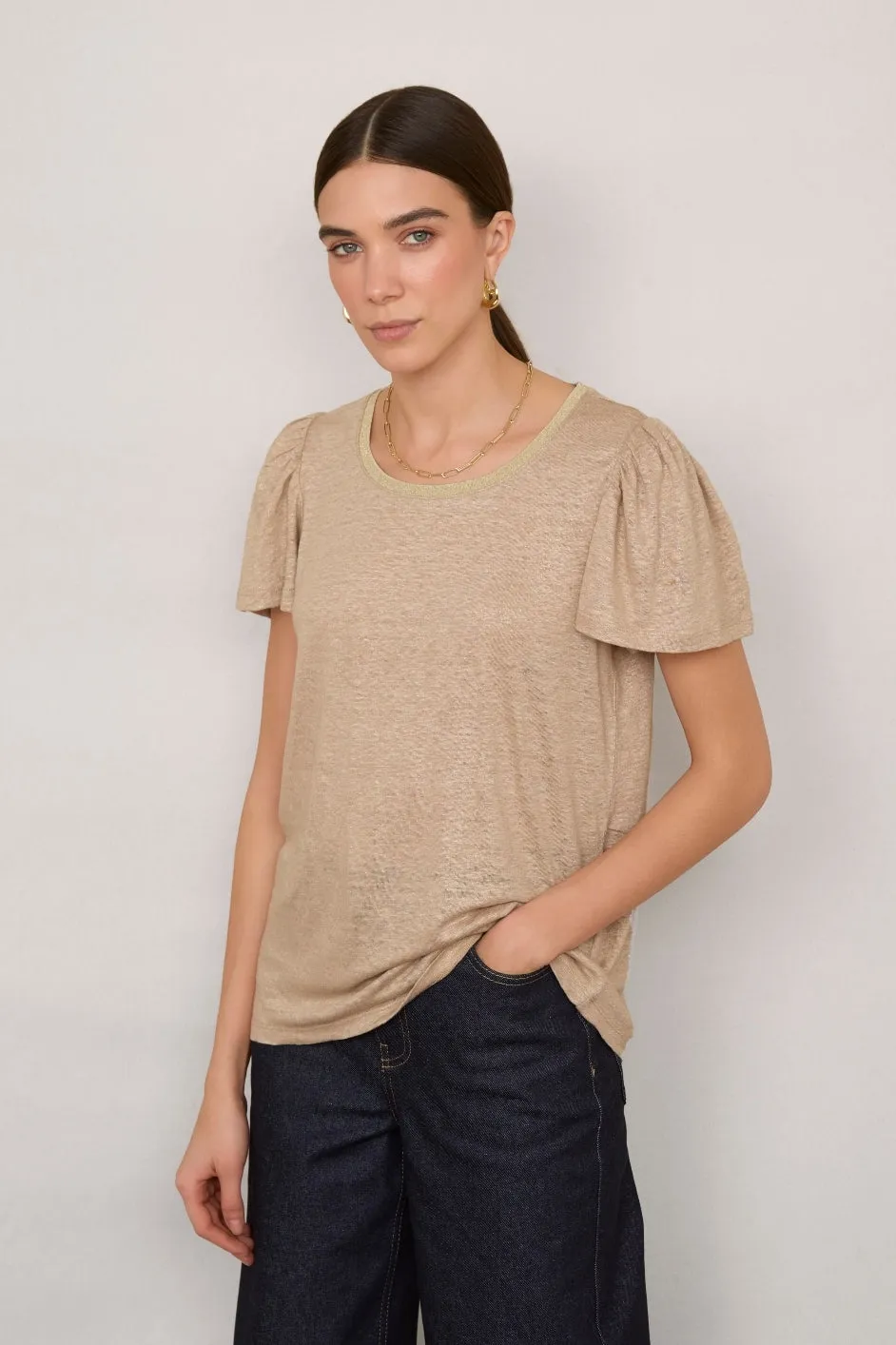 Lily Linen Round Neck Shimmer Tee Shirt - Oat/Gold