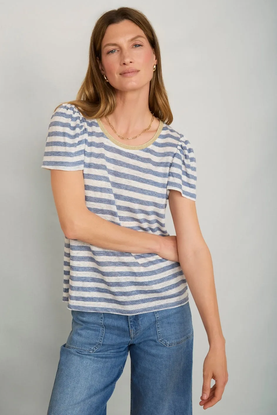 Lily Linen Round Neck Tee Shirt - Blue Melange/Stripe