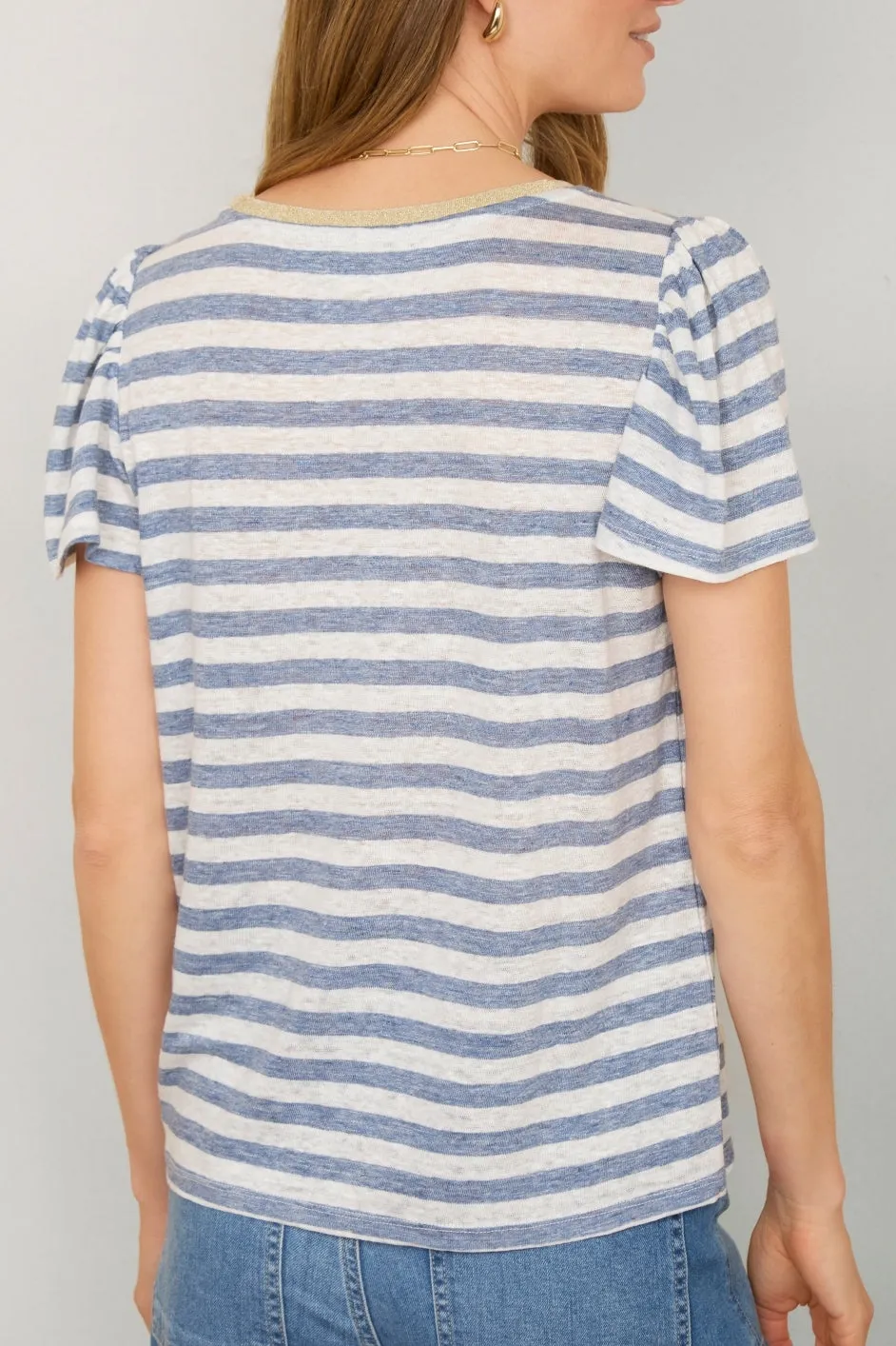 Lily Linen Round Neck Tee Shirt - Blue Melange/Stripe