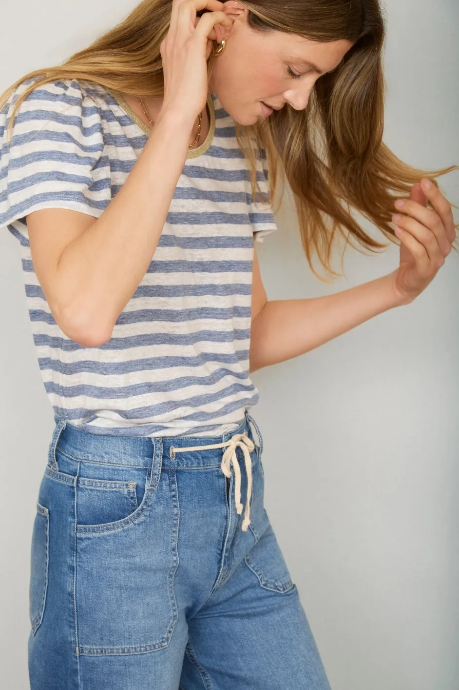 Lily Linen Round Neck Tee Shirt - Blue Melange/Stripe