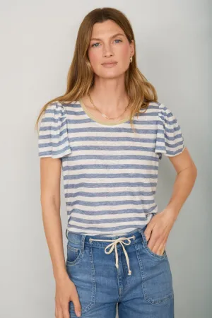 Lily Linen Round Neck Tee Shirt - Blue Melange/Stripe