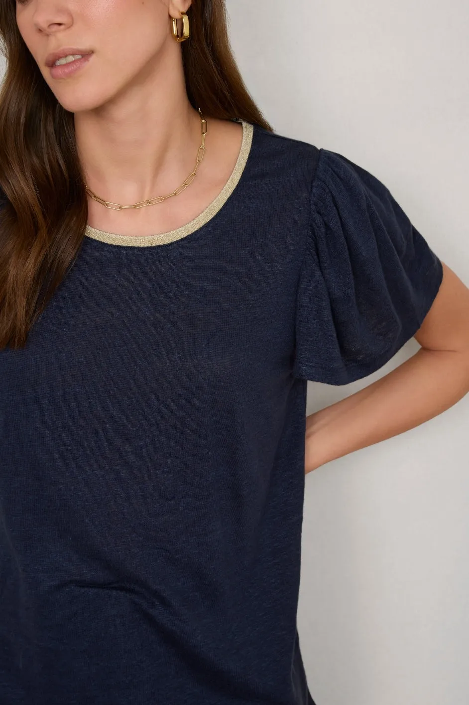 Lily Linen  Round Neck Tee Shirt - Midnight