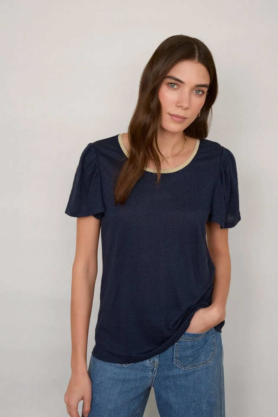 Lily Linen  Round Neck Tee Shirt - Midnight