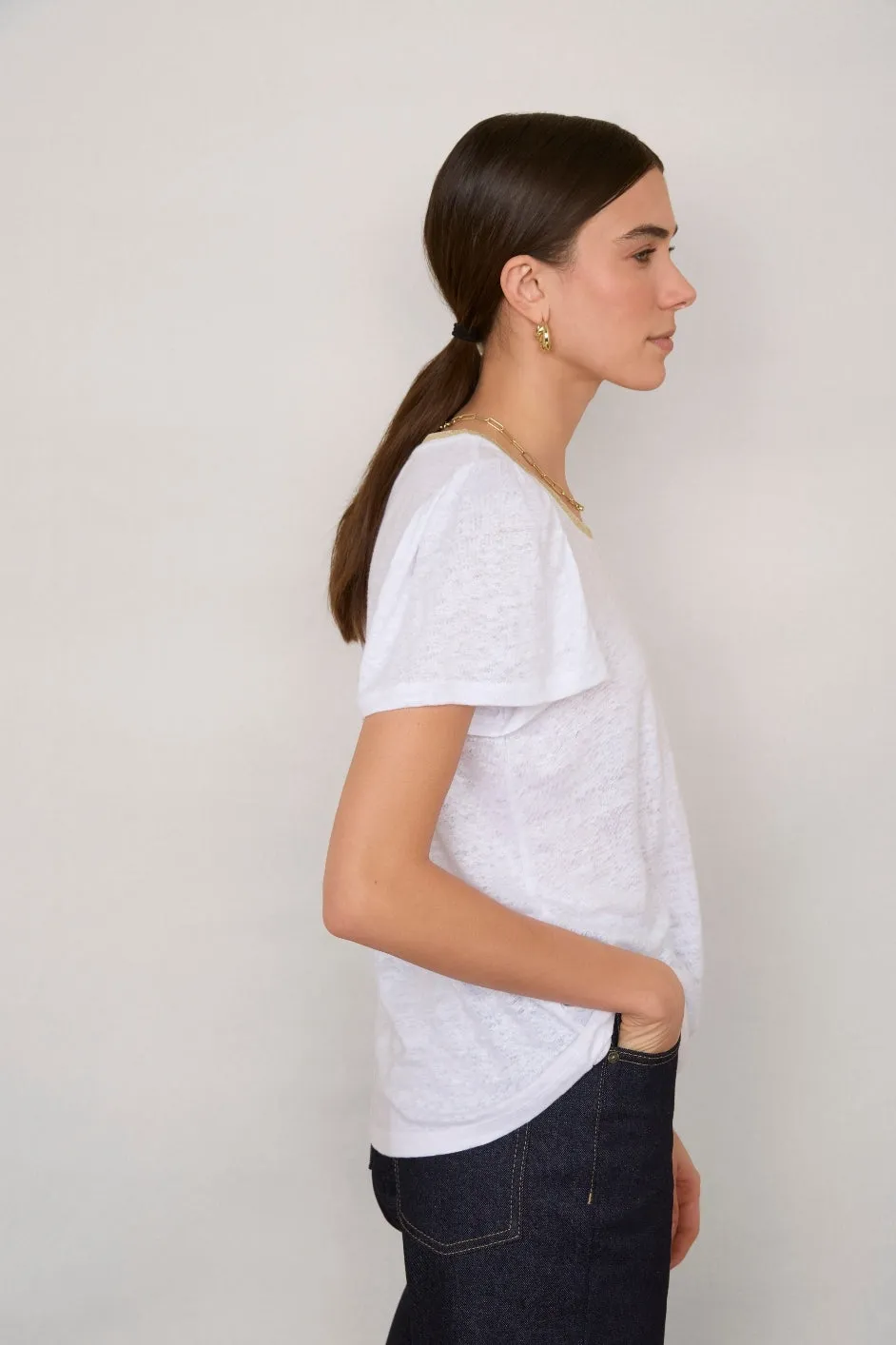 Lily Linen  Round Neck Tee Shirt - White